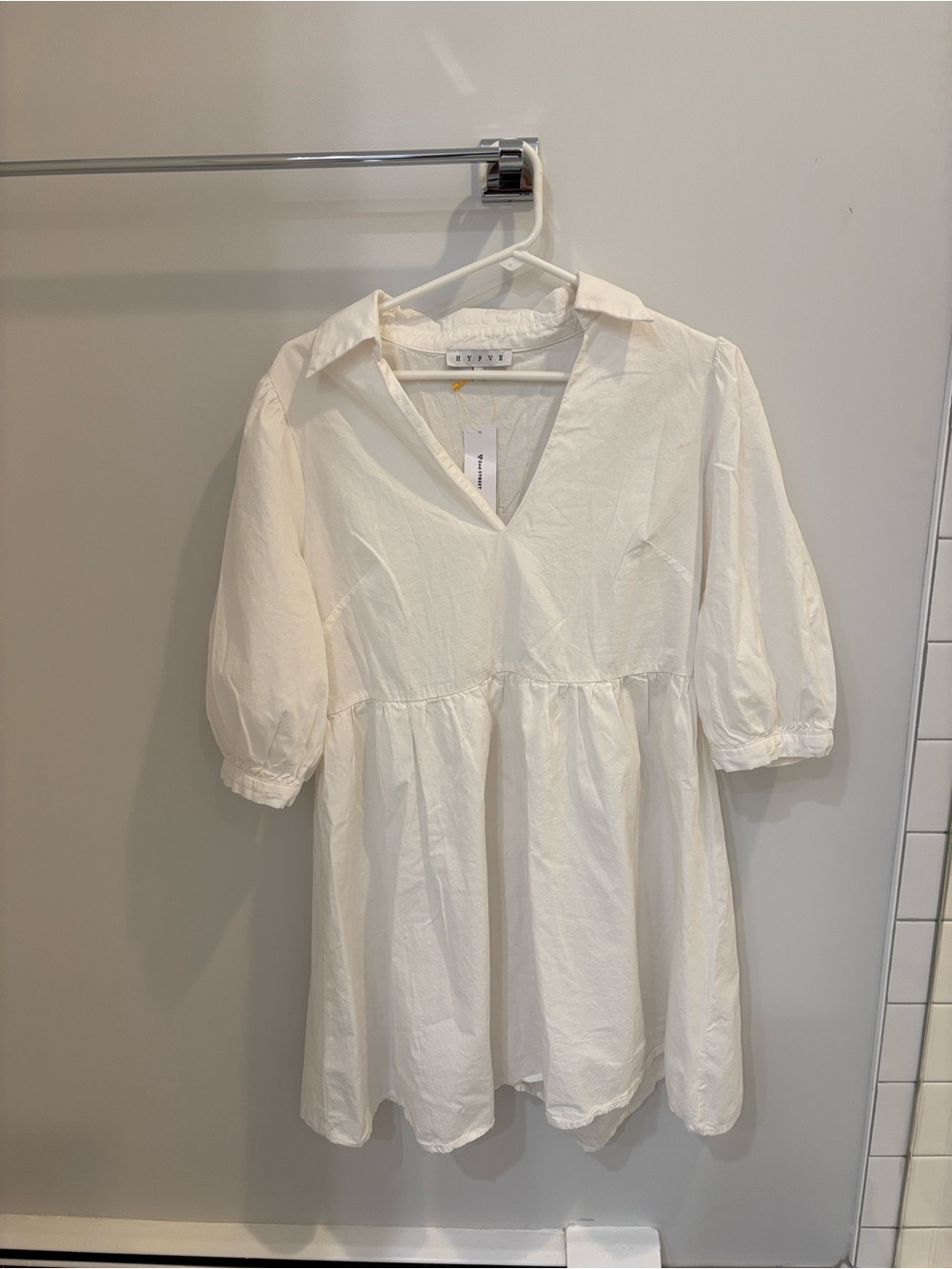 HYFVE Crisp White V-Neck Babydoll Dress with Collar